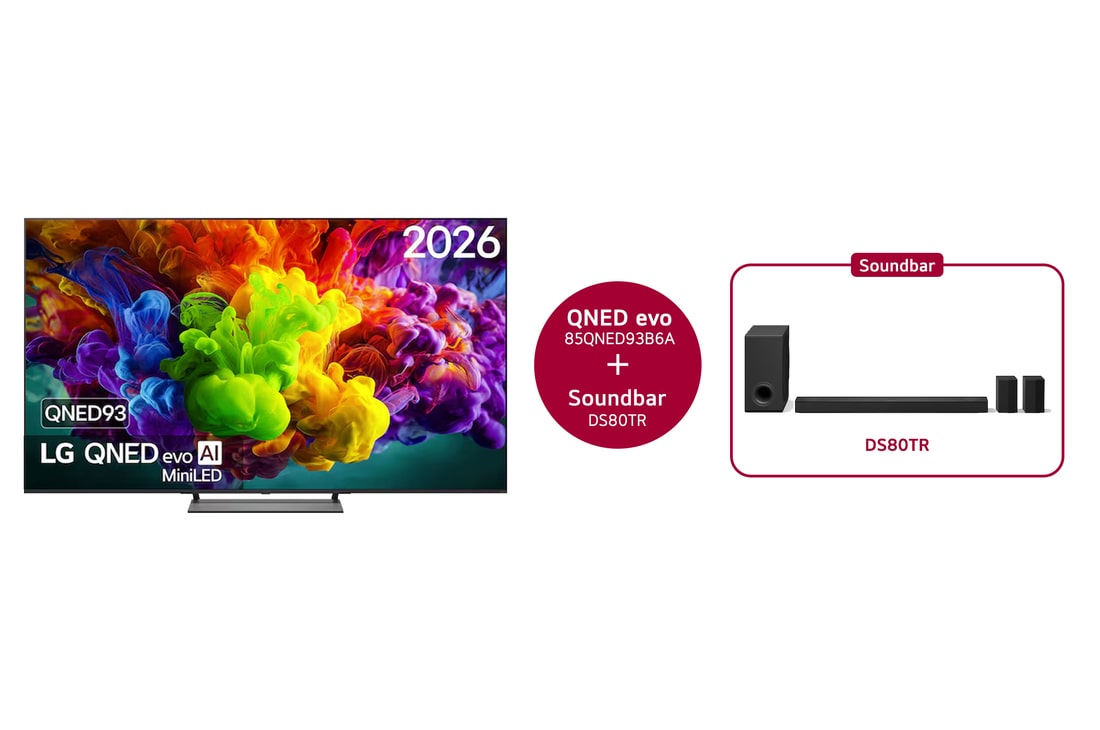 Het vooraanzicht van de LG QNED evo AI QNED90 Mini LED, uitgebracht in 2026, vult het scherm met levendige, vloeiende uitbarstingen van veelkleurige, verfachtige bewegingen, terwijl dichte wolken van kleur naadloos over het scherm versmelten.